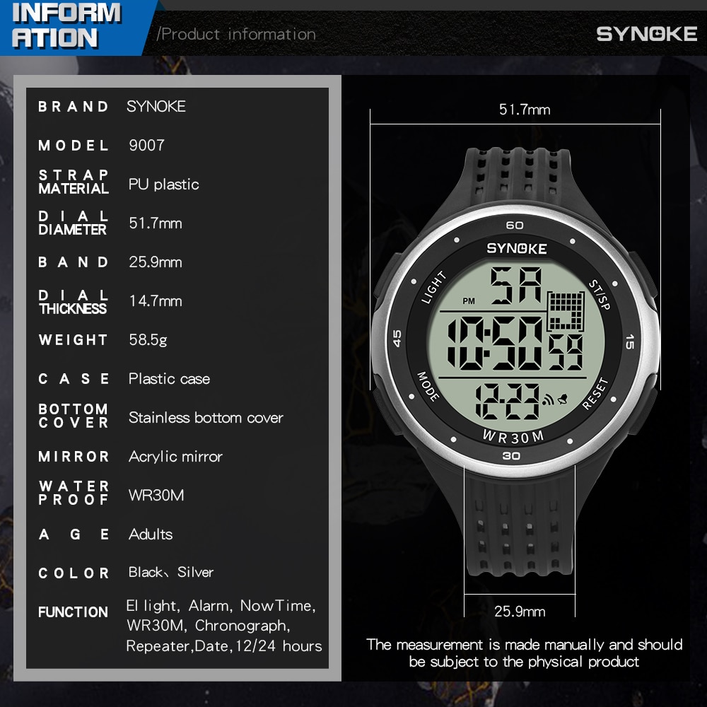 Synoke Mannen Digitale Horloge Led 3M Waterdichte Mannelijke Horloges Chronograaf Kalender Alarm Sport Horloges Relogio Masculino