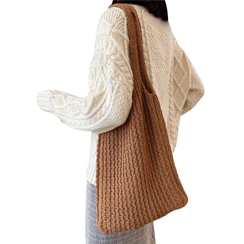 Gebreide wollen schoudertas voor dames, vintage katoenen tas voor meisjes, grote dameshandtas: Bruin