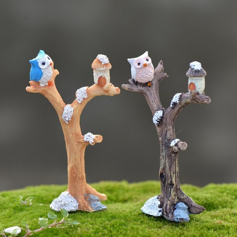 Gufo e ramo in resina fai-da-te Mini artigianato ornamenti giocattolo in miniatura Bonsai Micro paesaggio ornamenti da giardino decorazioni per la casa