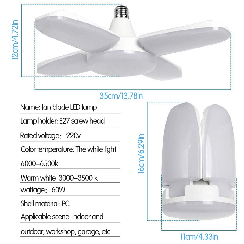 Erittäin kirkas teollisuusvalaistus 60w e27 led-tuuletinta autotallin valossa 6000lm led-korkea laakerinlehtilamppu työpajan energiavalaistukseen