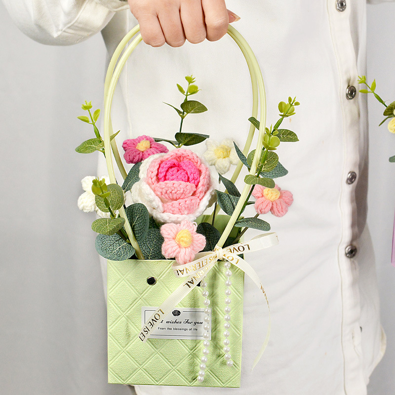 stijl gehaakte zonnebloemen rozen anjer pluche planten afgewerkt gebreide handtas boeketten Valentijn verjaardag afstudeercadeaus: Black