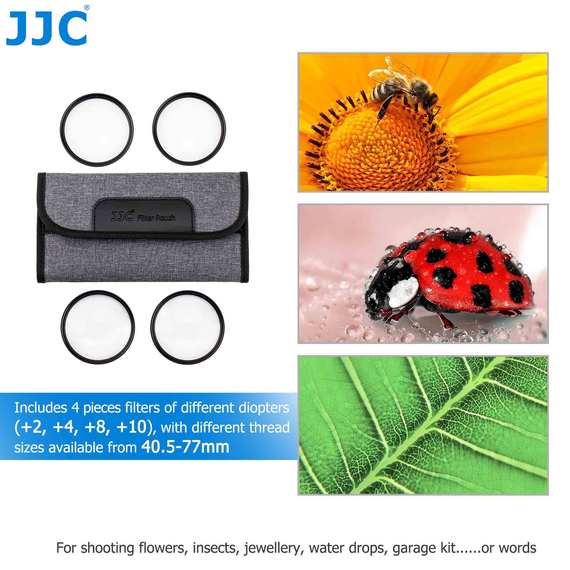 Jjc Close-Up Macro Filter Kit + 2 + 4 + 8 + 10 Close Up 40.5Mm 49mm 52Mm 55Mm 58Mm 62Mm 67Mm 72Mm 77Mm Met Camera Filter Case Pouch