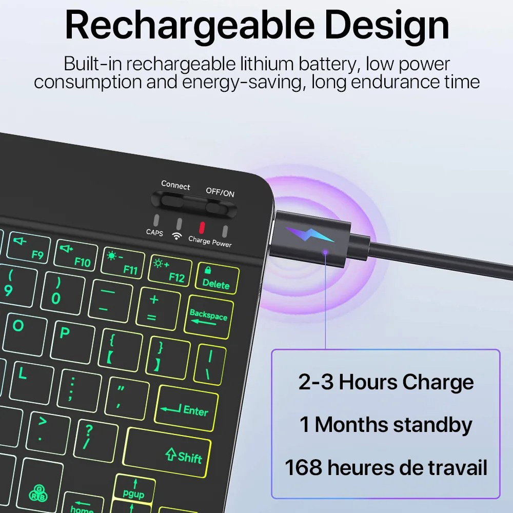 Bluetooth-Tastatur, kabellos, 7-farbige Tastatur mit Hintergrundbeleuchtung für Tablette, Laptop, wiederaufladbar, Arabisch, Russisch, Spanisch, Portugiesisch