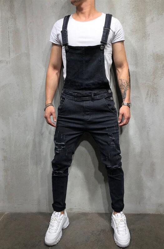 Män ripped cargo jeans jumpsuits distressed jeans haklappsbyxor overall man slim knä ripped hängselbyxor plus size s-xxxl: B731 svarta / Xxl