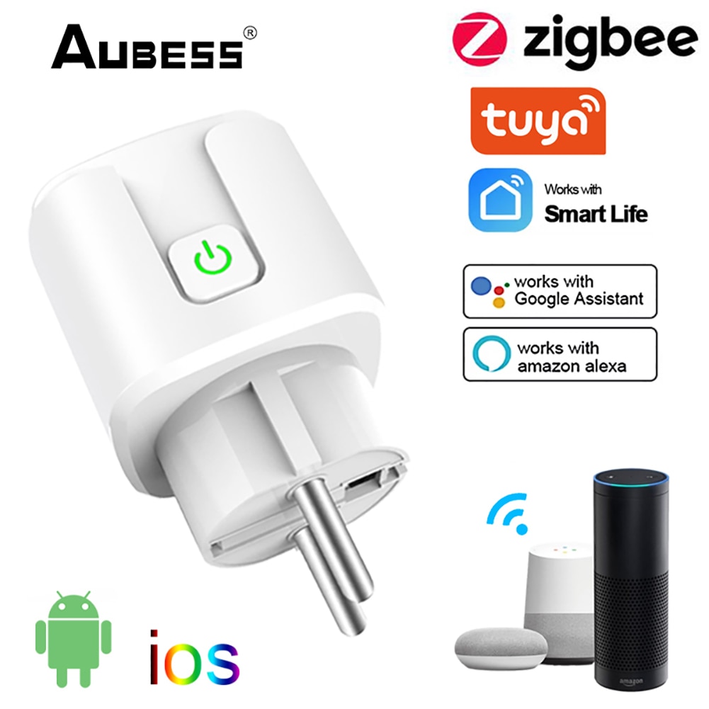 Aubess tuya zigbee smart plug 16a 20a eu ajastin pistorasia virtamonitori älykäs elämä sovelluksen ohjaus toimii alexan ja google home