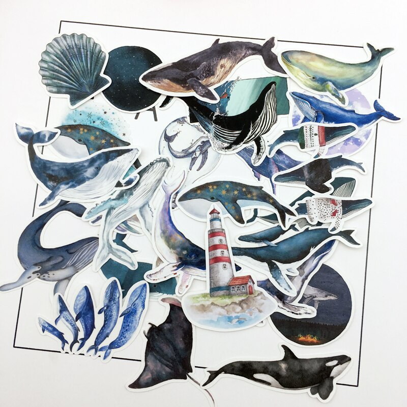28pcs water color Deep sea blue whale sticker Planner Scrapbooking DIY Dry Glue Dolphin Sticker