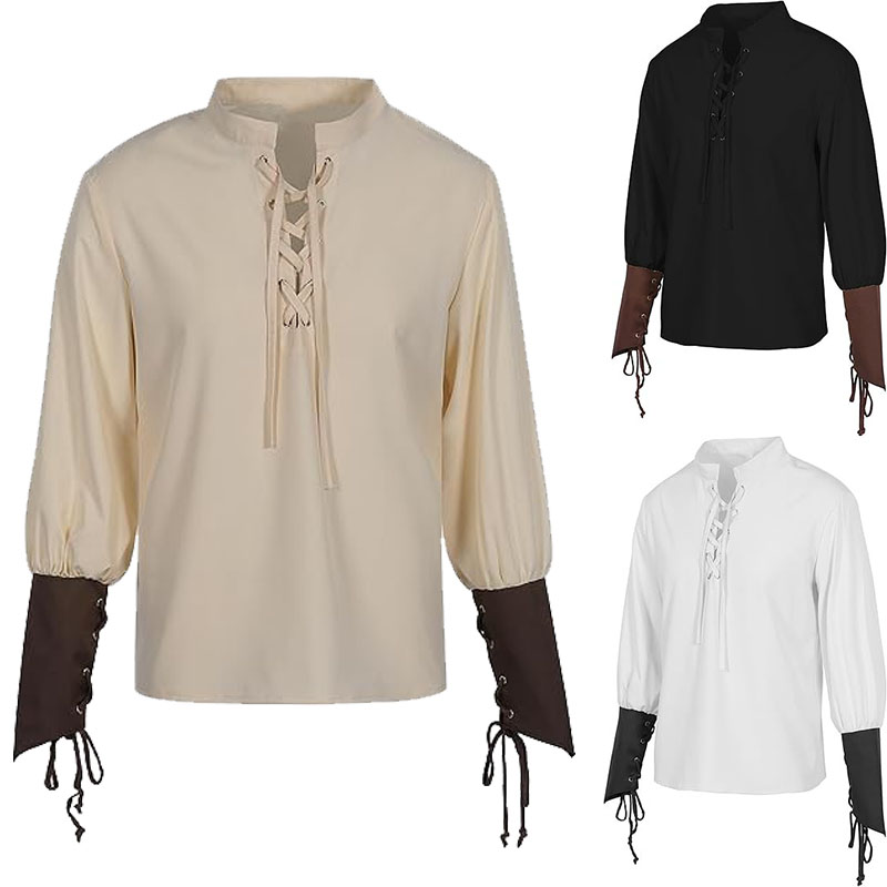 Camicia da uomo medievale rinascimentale con lacci Camicia da pirata Steampunk vintage a maniche lunghe Costume da vichingo