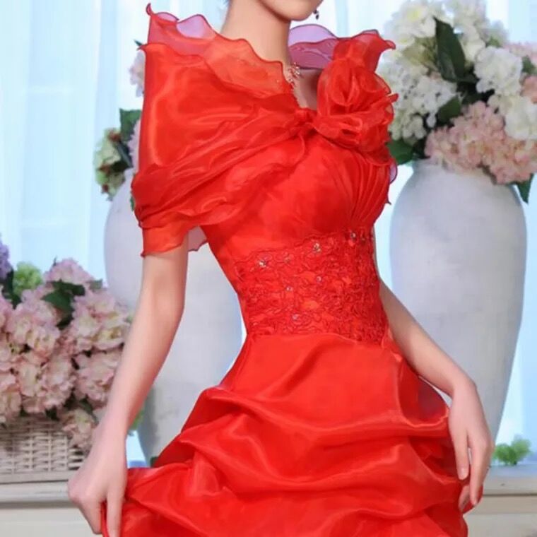 Chaqueta informal de Organza para mujer, abrigo de tres capas con volantes, hombros al descubierto, envoltura de boda, color blanco: Rojo