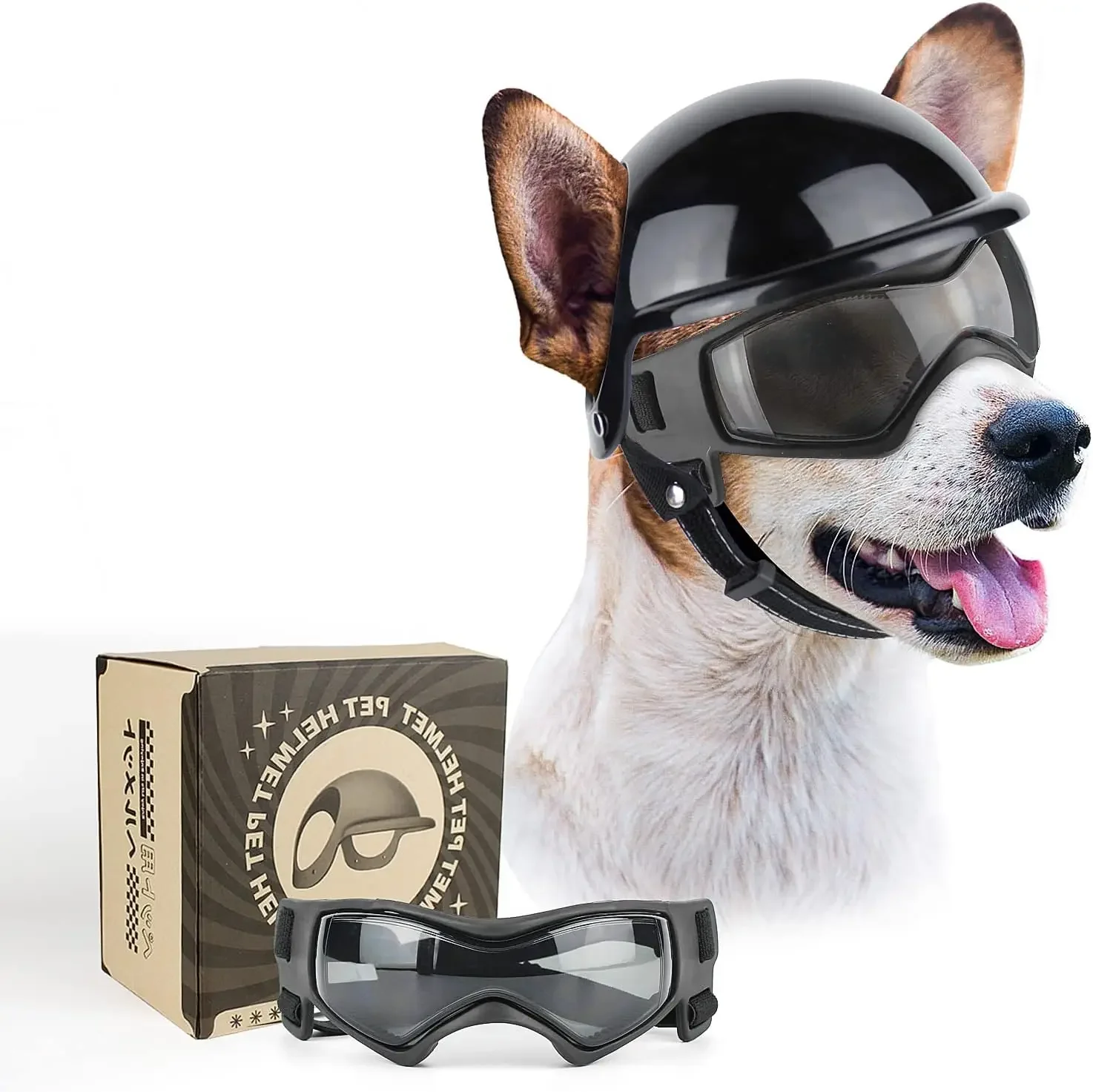 ATUBAN Lunettes pour chiens de petite taille avec casque, 2 lunettes de soleil pour chiens et ensemble de casques pour chiens de petite et moyenne taille pour la conduite en plein air et la marche: M / Black