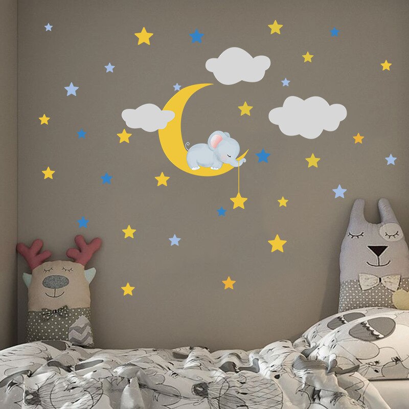 Tegneserie baby elefant måne stjerne wallsticker baby børneværelse soveværelse tapet stue til boligindretning smukke klistermærker