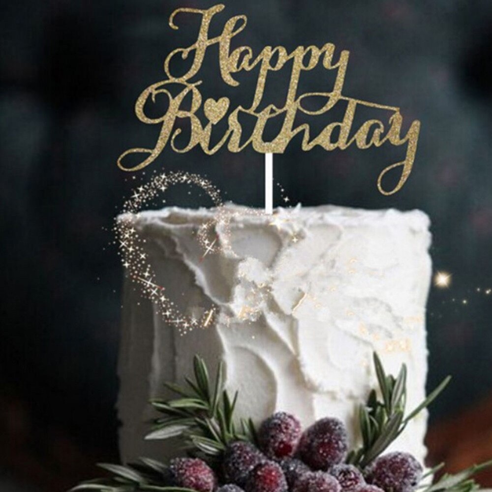 Roze gouden happy birthday taarttopper van acryl met gouden en zilveren letters, decoratie voor een jongensverjaardagsfeestje of bruiloft.