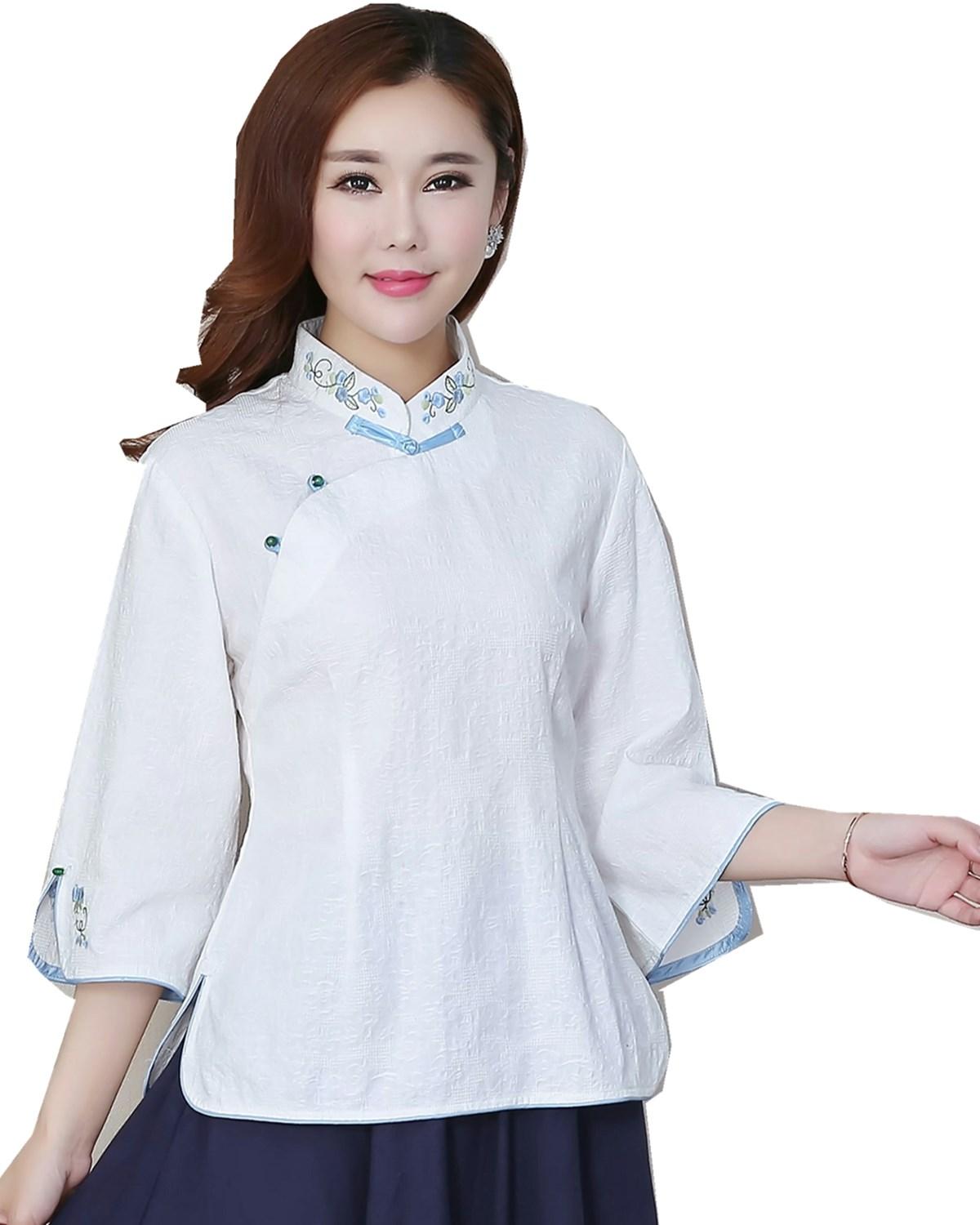 Shanghai Geschichte 3/4 Hülse chinesische Traditionelle Kleidung der Frauen Chinesischen oben Mischung Leinen Bluse Chinesischen Weiß Qipao Hemd: 27062 / L