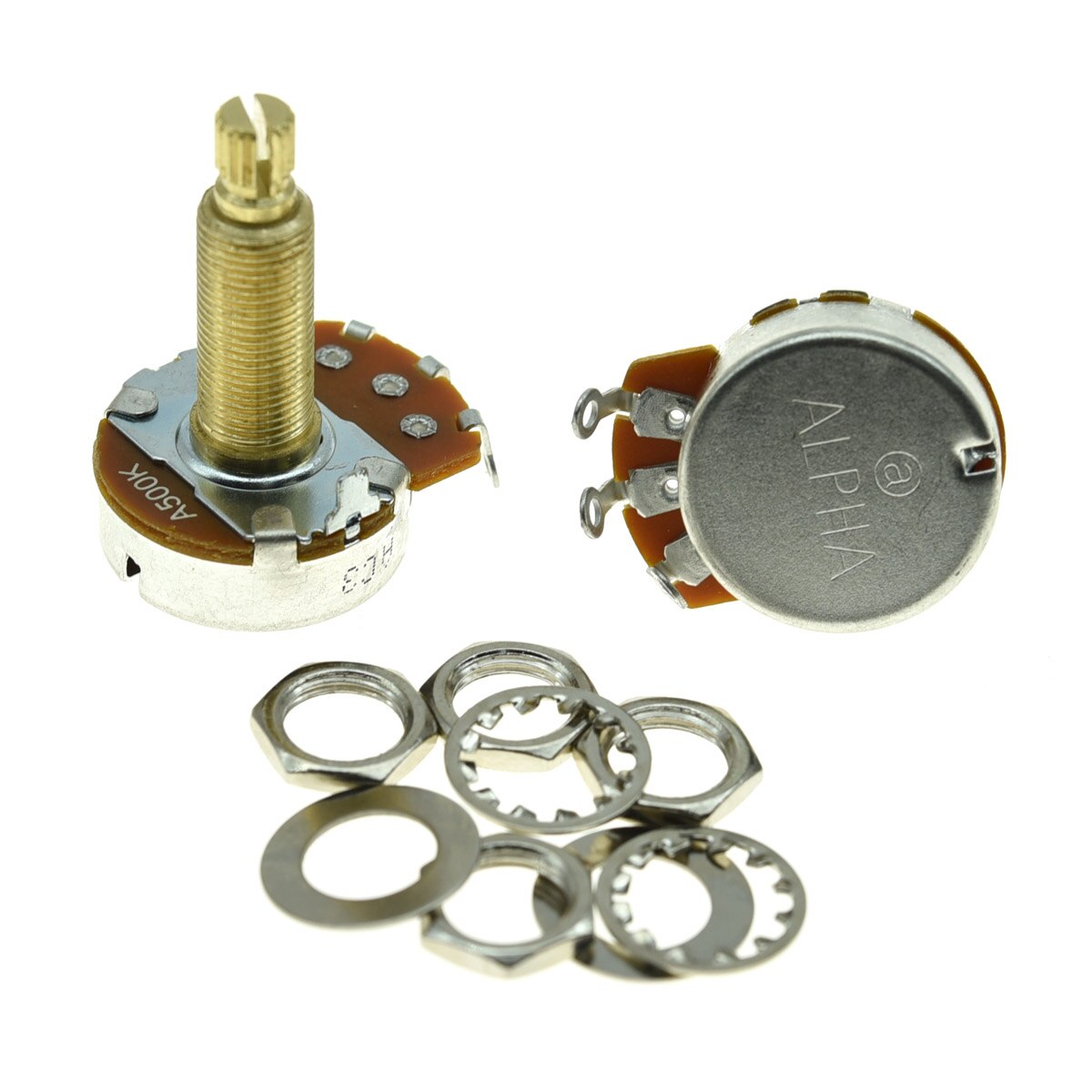 2-Pack Full Size Alpha Guitar Bass Pots Potentiometer with 29.5mm Brass Long Shaft Guitar Linear Pot B500K