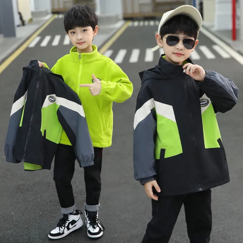 Lente Herfst Polyester Jas Voor Jongens 2022 Mode Afneembare 2 Stuk Outdoor Patchwork Casual Hooded Kinderkleding