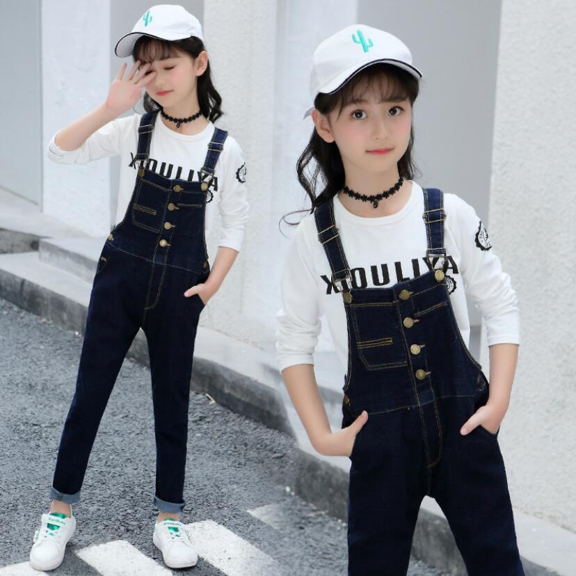 Dziewczęce ogrodniczki jeansowe na wiosnę i jesień, 3-13t spodnie na szelkach, solidne, codzienne, jeansowe, dla dziewczynek