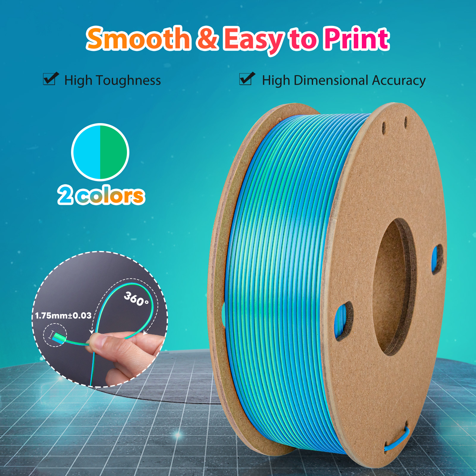 Seiden-PLA-3D-Drucker-Filament, 1,75 mm, 250 g, zweifarbiges 3D-Druckfilament, PLA-3D-Druckfilament, 2-in-1-Farbe, Himmelblau, Grün