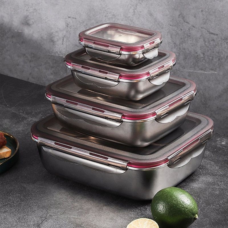 Juego de lonchera de acero inoxidable a prueba de fugas, 4 contenedores de Metal apilables para mantener la comida , Escuela de trabajo de ensalada a prueba de fugas