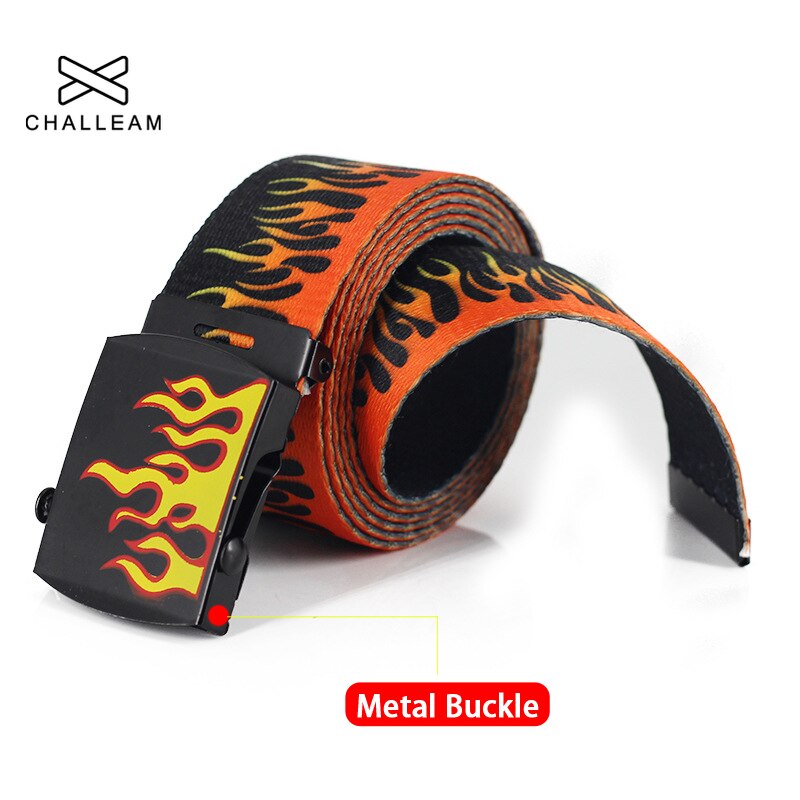 Ceinture longue imprimée flamme pour hommes et femmes, unisexe, en toile unie, , Jeans, sangle à boucle métallique, 130cm, 379