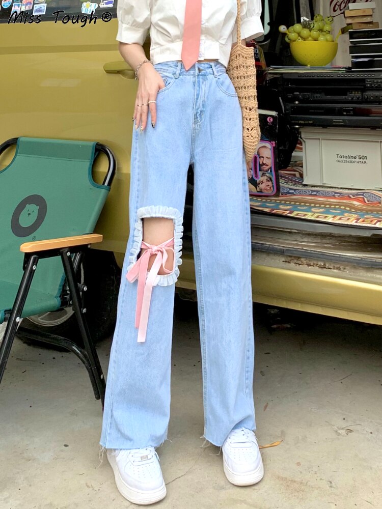 Blue Korean Style Kawaii Sweet Jeans Women Japanese High Waist Casual Cute Jeans Female Bow Bandage Wide-legged Pants Summer
