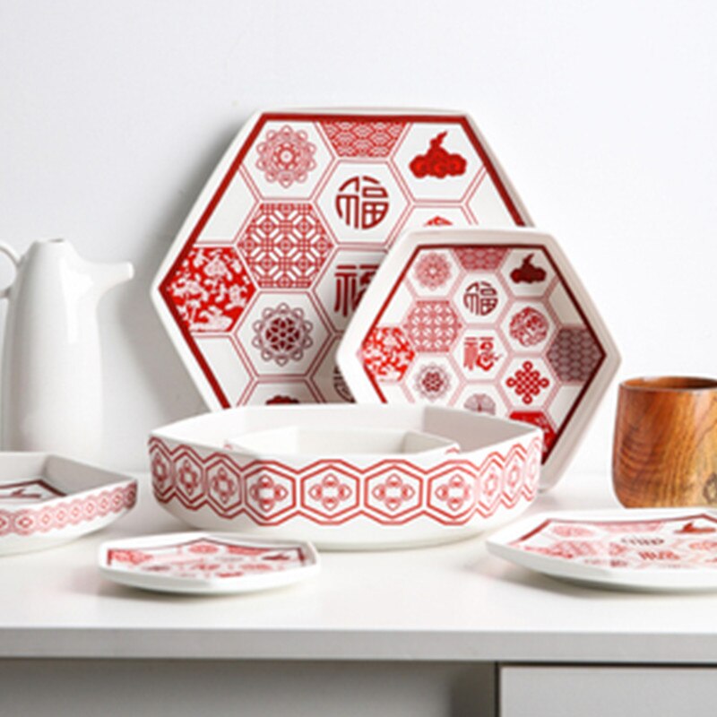 Chinese Year Chinese Year Decoration Plate Ceramic Plate Refreshment Plate Fruit Dumplings Dish Plate Soup Bowl Bone Sau
