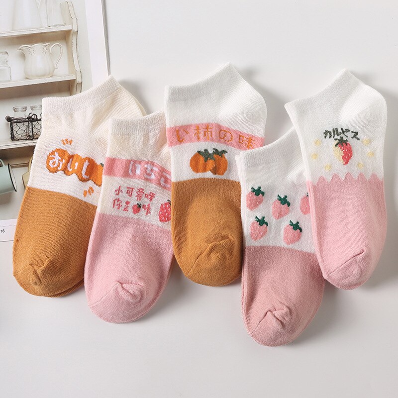 5 Pairs Cow Printed Socks Cute Harajuku Cotton Women Socks Striped Solid Breathable Casual Girls Short Socks: persimmon