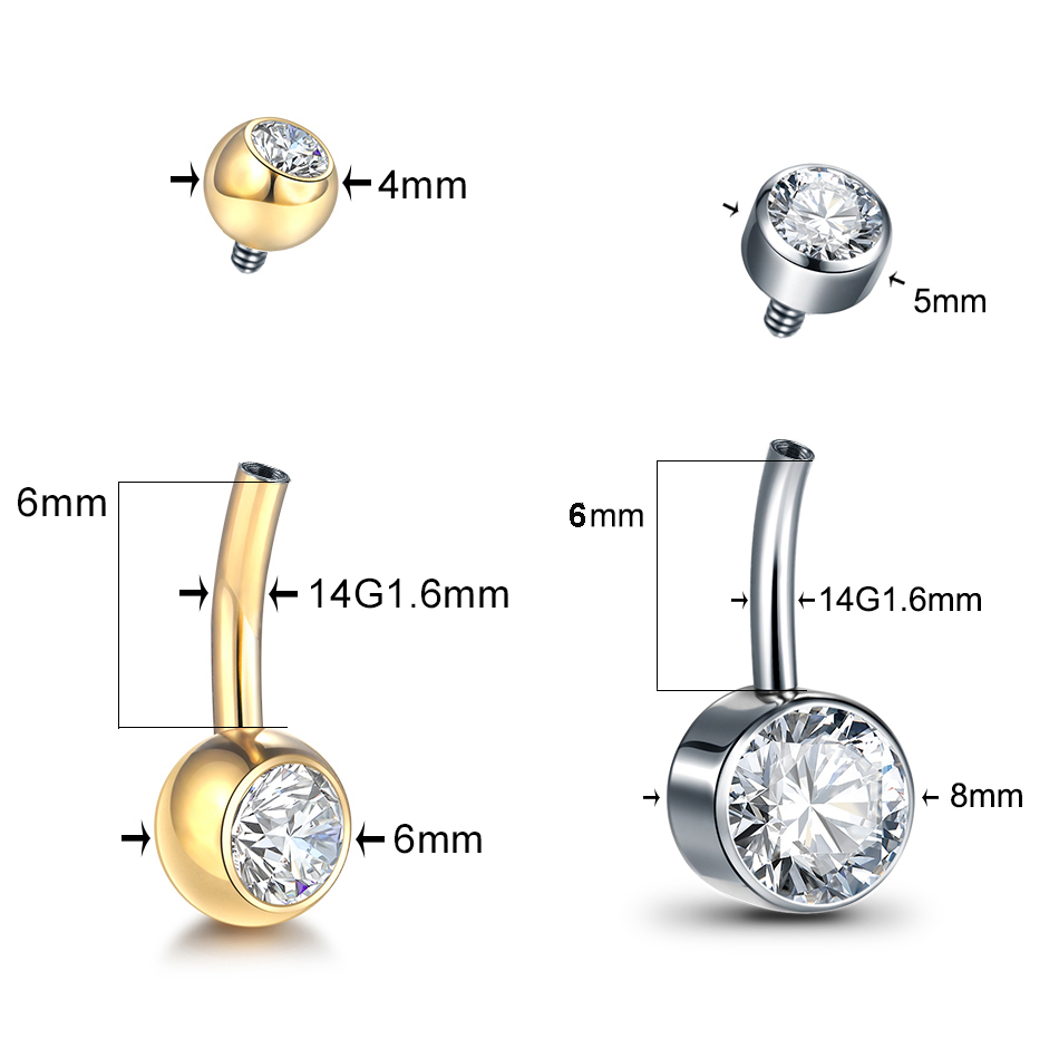 Anillo de titanio G23 para el ombligo, hilo interno de 14G, 6/8/10/12mm, Circonia cúbica, joyería para el ombligo, , 1 unidad