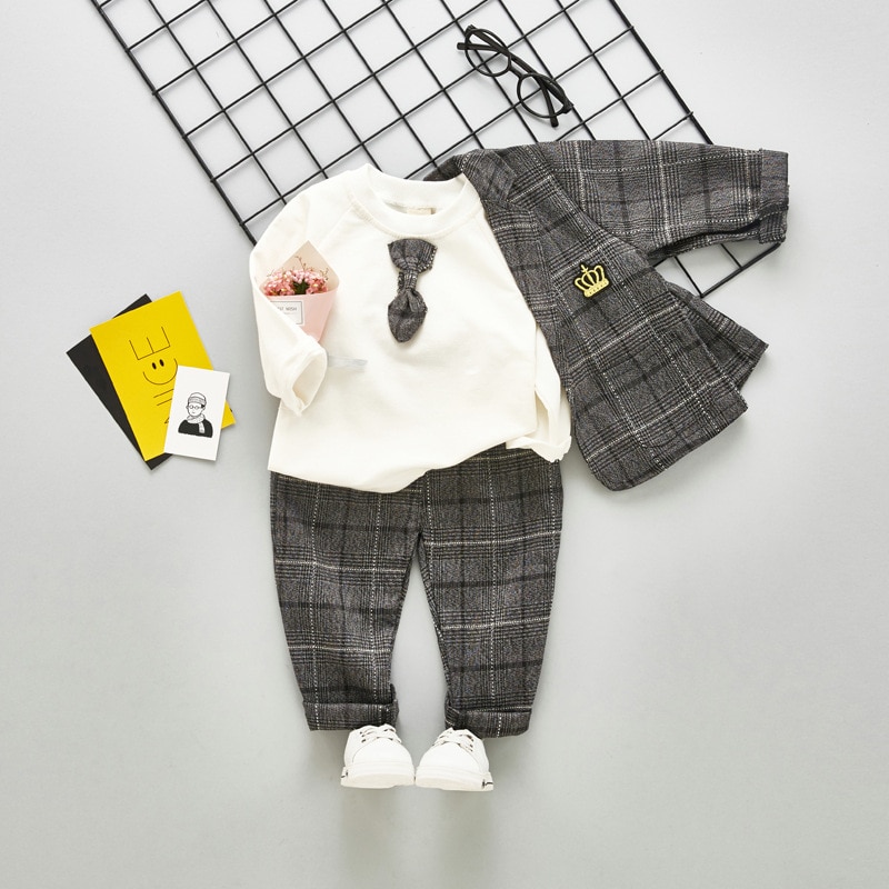 Lente herfstkleding kinderen jongens traliewerk pak stropdas t-shirt broek 3 stuks/sets kinderen baby katoenen kleding peuter casual kleding