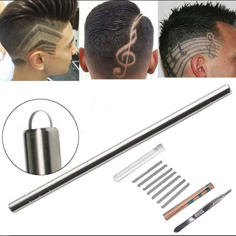 Stylo + 10 lames pour sculpture à cheveux, stylo magique à huile de tête en acier raffiné, stylo pour rasoir pour barbier, sourcils, rasage
