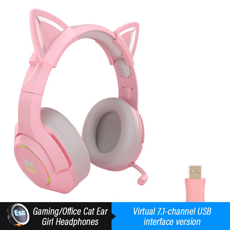 Gaming Headphones with Microphone Virtual 7.1 Noise Cancelling Pink Cat Ear Headset Vibration LED Light for PC Gamer Earphone: 002