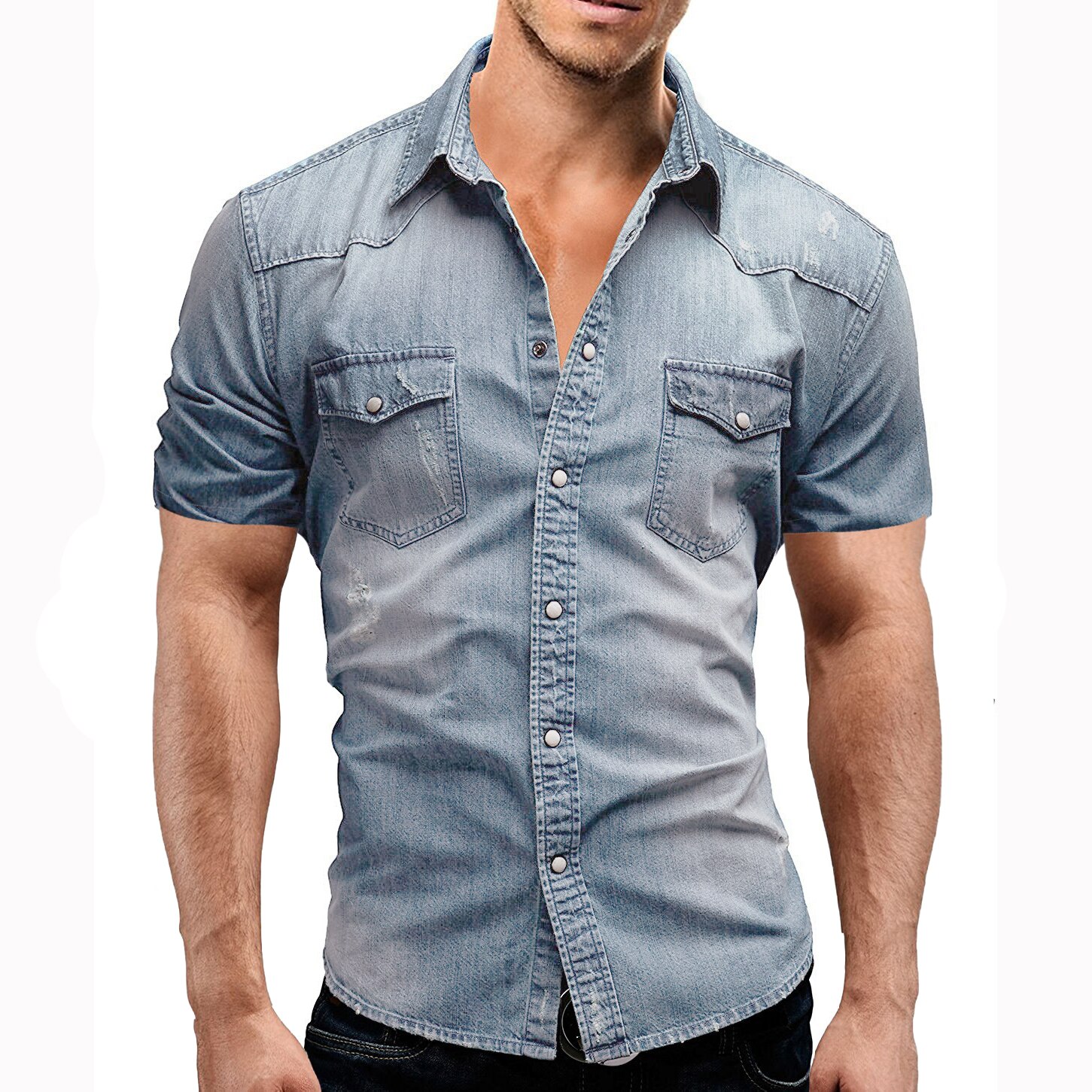 Camisas de mezclilla de hombres de verano de para hombre manga corta suave camisas de algodón ligero de corte Slim elástico Jeans hombre vaquero ropa XXXL: light blue / L