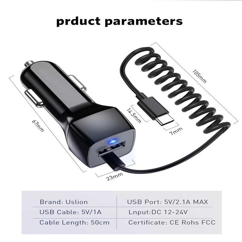 USLION 24V Mini cargador del coche del USB con Micro USB tipo C Cable para Samsung S10 S9 Xiaomi Redmi Note 7 teléfono móvil USB C rápido Cable