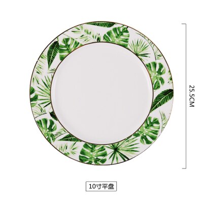 Skønhed guld europæisk stil grønne planter mønster keramisk bordservice porcelæn servise sæt knogle porcelæn plade krus kop og underkop: 10 tommer