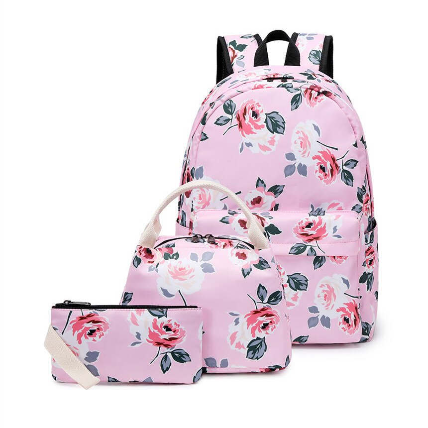 Okkid Bloemen School Rugzak Voor Meisjes Groene Bloemen Schooltassen Boek Kinderen Pen Potlood Tas Set Leuke Voedsel Zak: pink-3