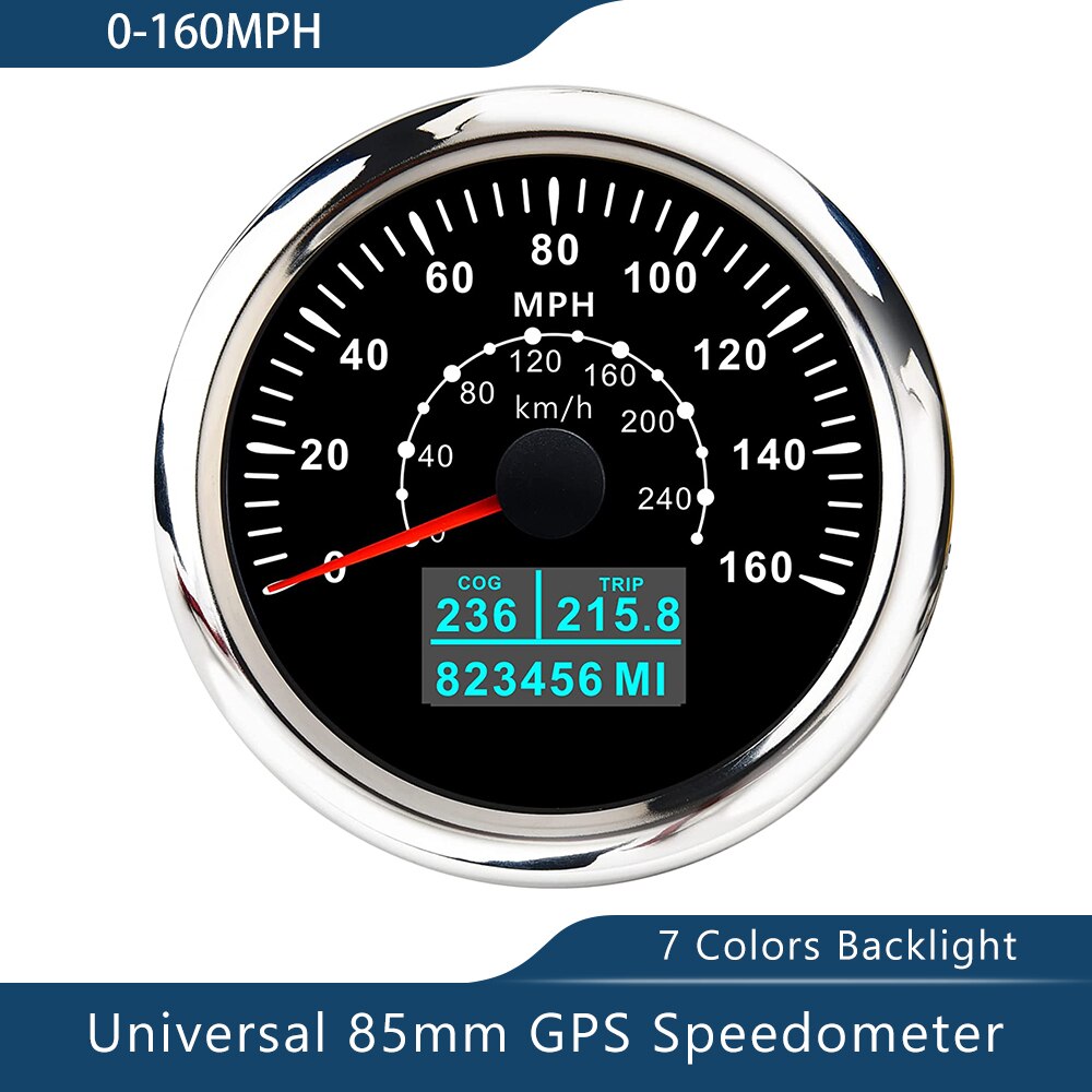 Novo velocímetro de 85mm gps 0-30/60 nós 0-60/80/120/160/200 mph 0-60/120/200km/h com luz de fundo de 7 cores para a motocicleta do barco do carro: 160MBS