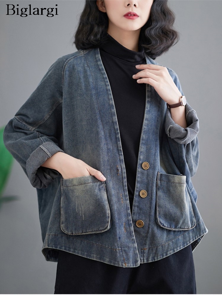 Denim oversized forårsfrakke kvinder afslappet løs plisseret dame cropped jakker langærmet v-hals damejakker frakker