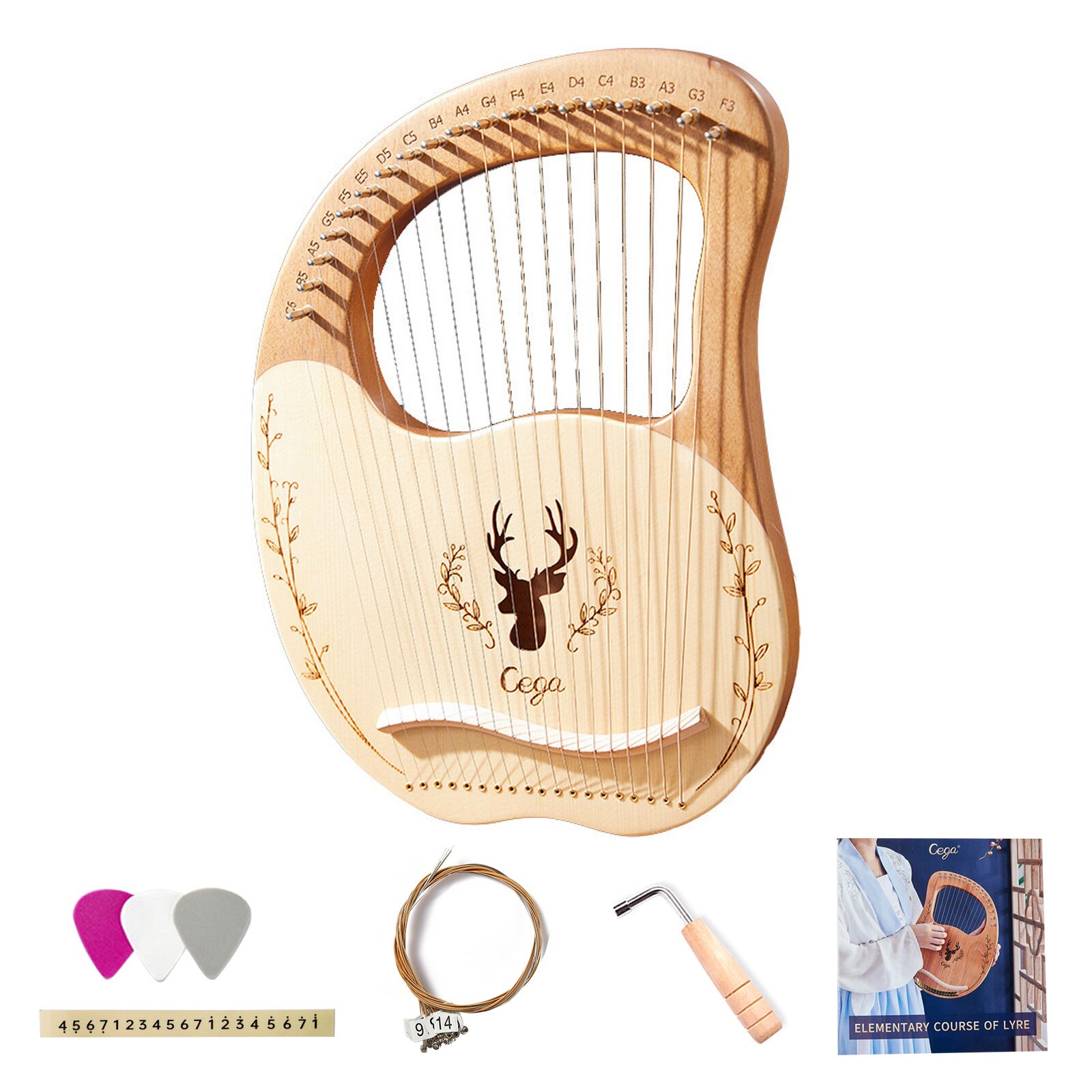 Caja de arpa de Lira de madera de 19 cuerdas, instrumento de cuerda con llave de afinación, 3 piezas, pegatina, juego Extra de cuerdas