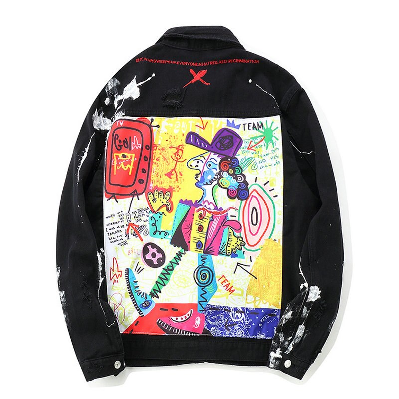 Streetwear graffiti jeans jakke mænd forår hip hop print herre denim jakke rippet patchwork han overcoat: Xxl