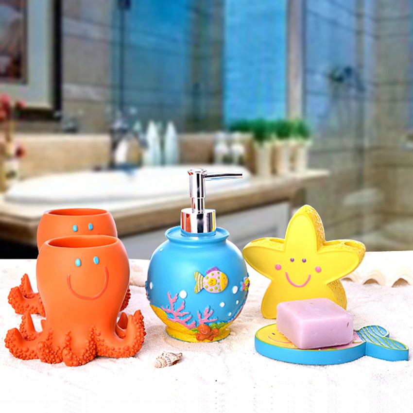 Bathroom Accessories Set 5 Pieces Lovely Devilfish Star-Fish Bathroom Decorative Set Kids' Room Ornament Resin