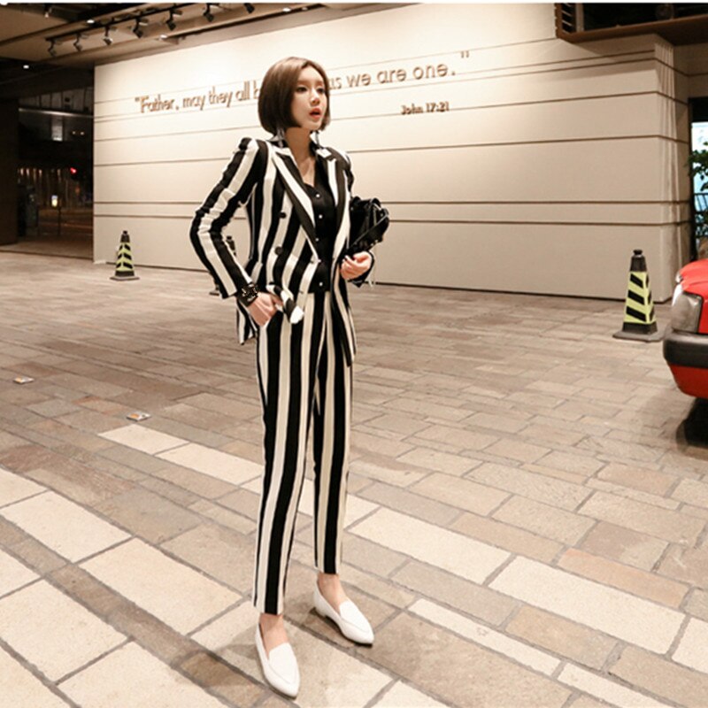SMTHMA Runway Long Pant Suits Women Casual Office Business Suits Formal Work Wear Sets stripe Pant Suits: XL