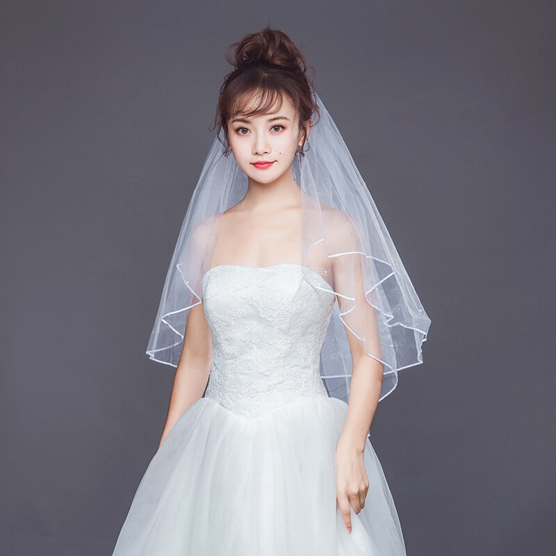 Women's Short White Wedding Veil With Pearls - Shoulder Length With Comb, Ivory Option