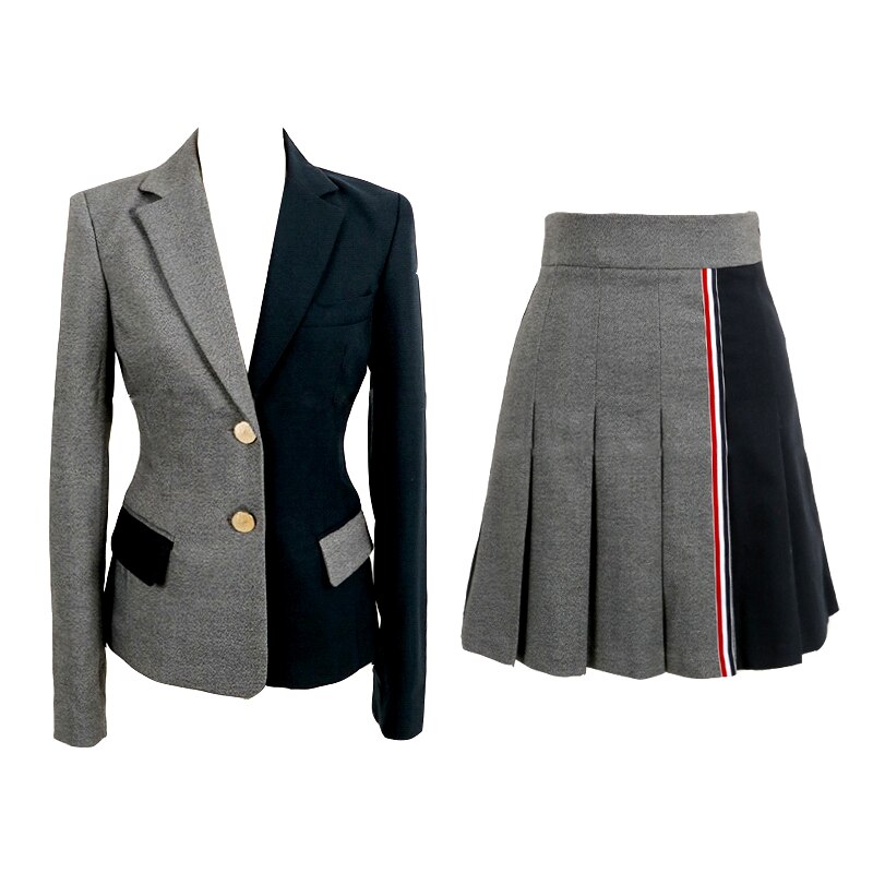 Conjuntos de ropa Chic de otoño para mujer, ropa de trabajo, chaqueta de retazos negra y gris, conjunto de dos piezas para mujeres, traje de oficina SL001