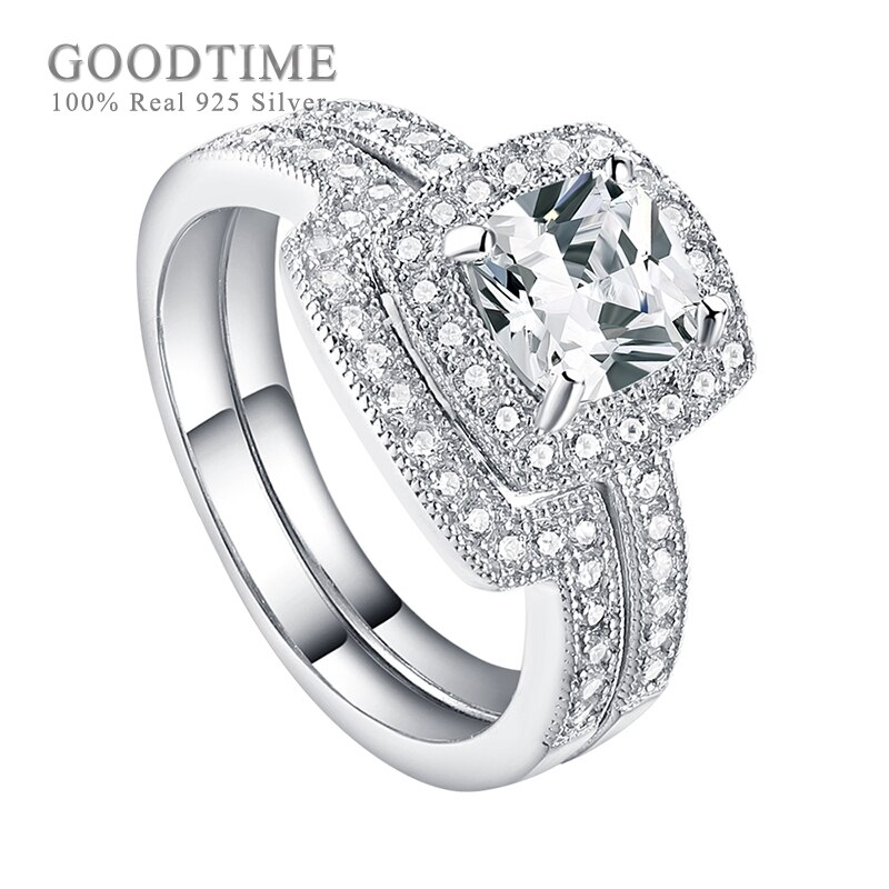 Luxe Vrouwen Ring 925 Sterling Zilver Bruid Bruiloft Ring Vierkante Zirkoon Rhinestone Engagement Ring Set Zilveren Sieraden