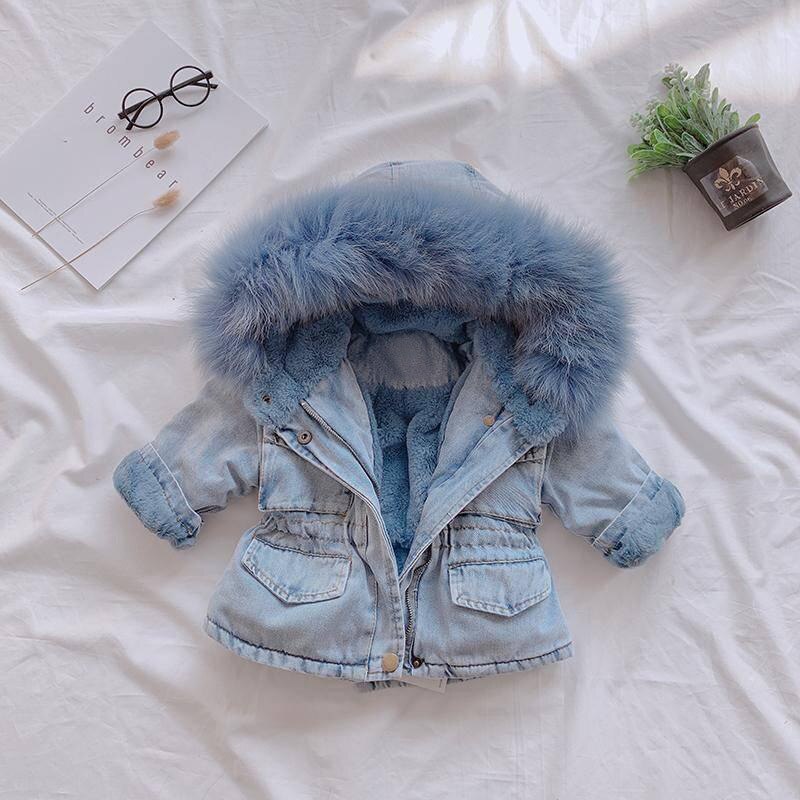 Winter Baby Mädchen Denim Jacke Plus Pelz Warme Kleinkind Mädchen Oberbekleidung Plüsch Denim jacke baumwolle 1-5 Jahre freundlicher Kleinkind Mädchen Parka