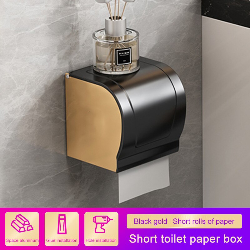 Toilet Paper Holders Wall Mounted Toilet Paper Box Non Perforated Black Paper Roll Paper Towel Rack Toilet Waterproof Household: Black gold A