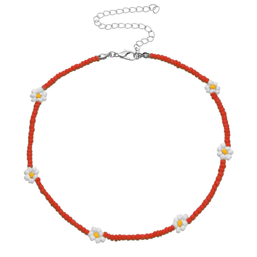 Nowa wiosna kolorowe małe koraliki naszyjnik dla kobiet moda Handmade Daisy z kwiatami i koralikami Chokers naszyjniki biżuteria Boho: red