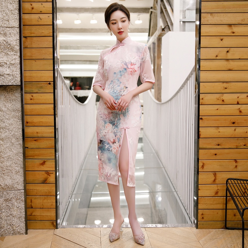 FZSLCYIYI-vestidos de estilo chino tradicional para mujer, vestido de media manga hasta la rodilla con estampado de qipao