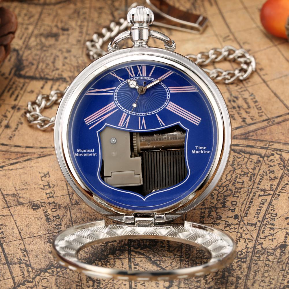 Reloj de bolsillo con movimiento Musical, pulsera de mano con superficie luminosa azul Steampunk, cadena FOB, Manivela para reproducir música, reloj de cuarzo único