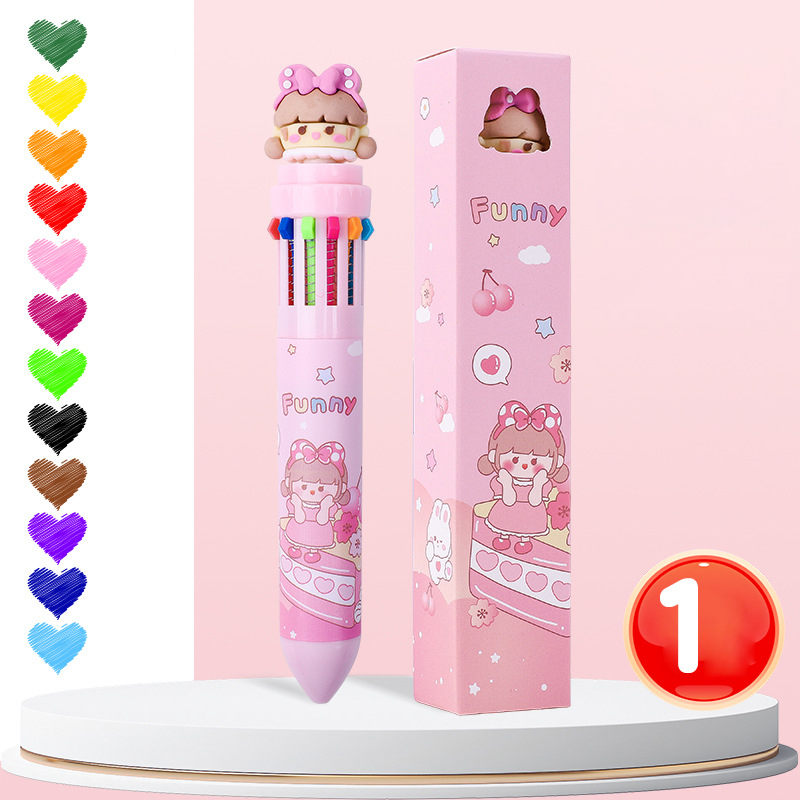 1 stücke Zehn farben kugelschreiber Karikatur Nette Farbe durch typ Multi funktionale unterschrift stift 12 farben neutral stift malerei preis: Braun Schwarz