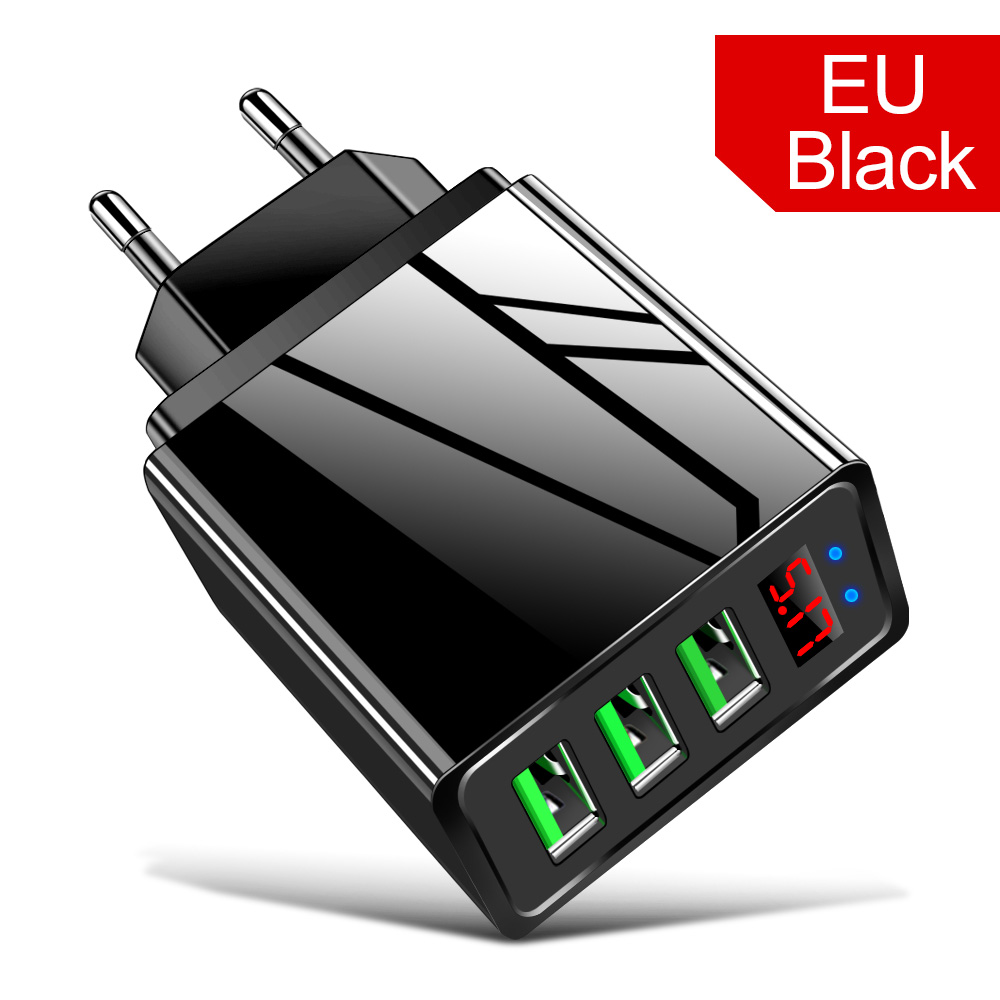 Usb Charger Led Digitale Display Voor Iphone11 7 8 Samsung S8 S9 S10 Plus Eu Ons Uk 3 Port Usb mobiele Telefoon Oplader Adapter: Black EU