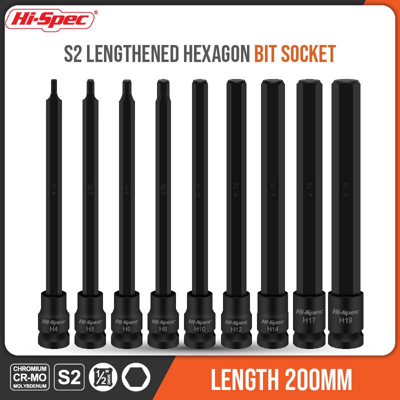 Hi-Spec 200MM Extended Socket Sets 1/9pc Hexagon Socket Length Adapter 1/2" CR-MO Hex Head Screwdriver Bits H4-H19 With Magnetic
